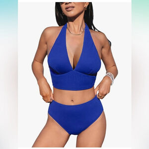 CUPSHE Two Piece High Waisted, Halter Back, Self Tie V Neck. Size MEDIUM